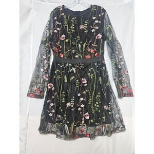 Floral & Black Illusion Mesh Long Sleeve Knee Length Dress Size Large